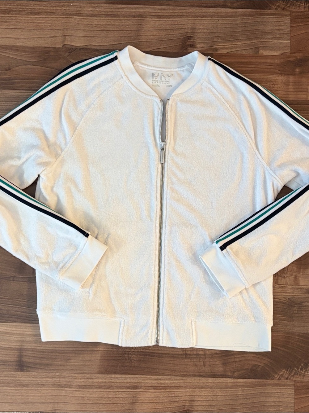Marc New York Performance Terry Track Jacket Size L White Black Teal Stripe MNY